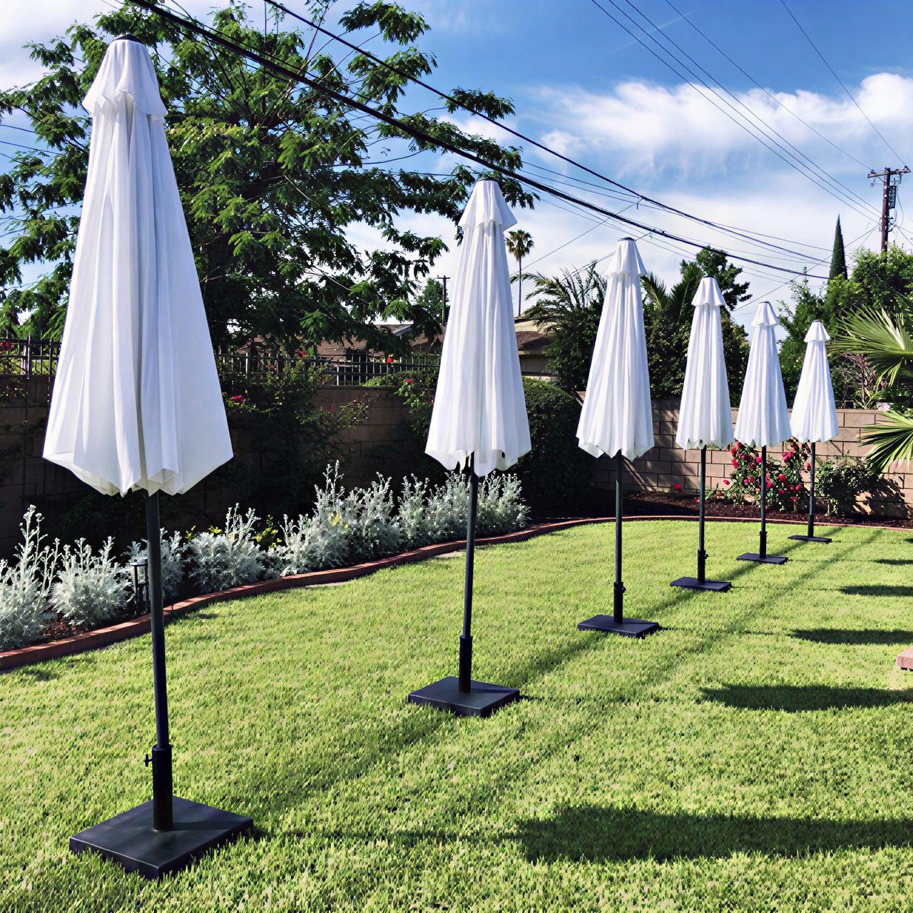 white free standing market umbrellas